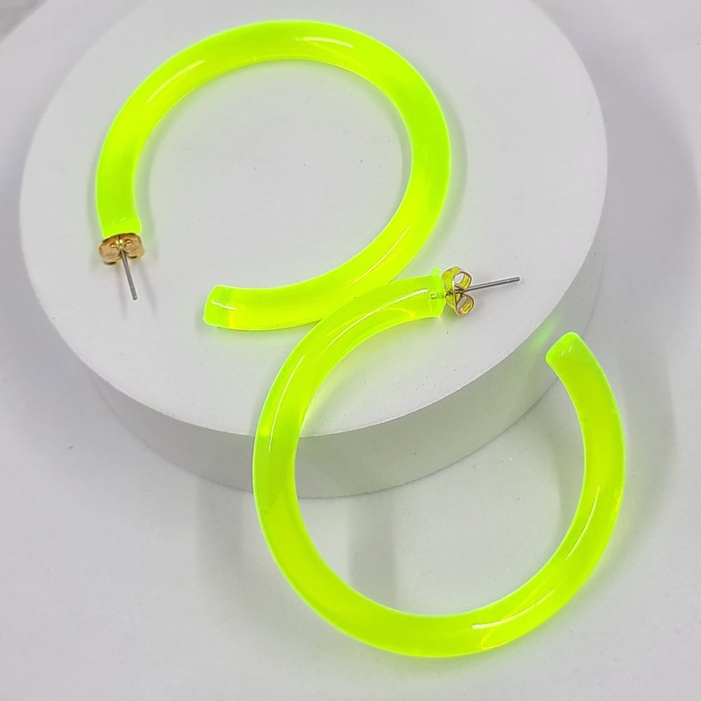 2" Yellow 80's Retro Neon Translucent Tube Lucite Hoop Earrings